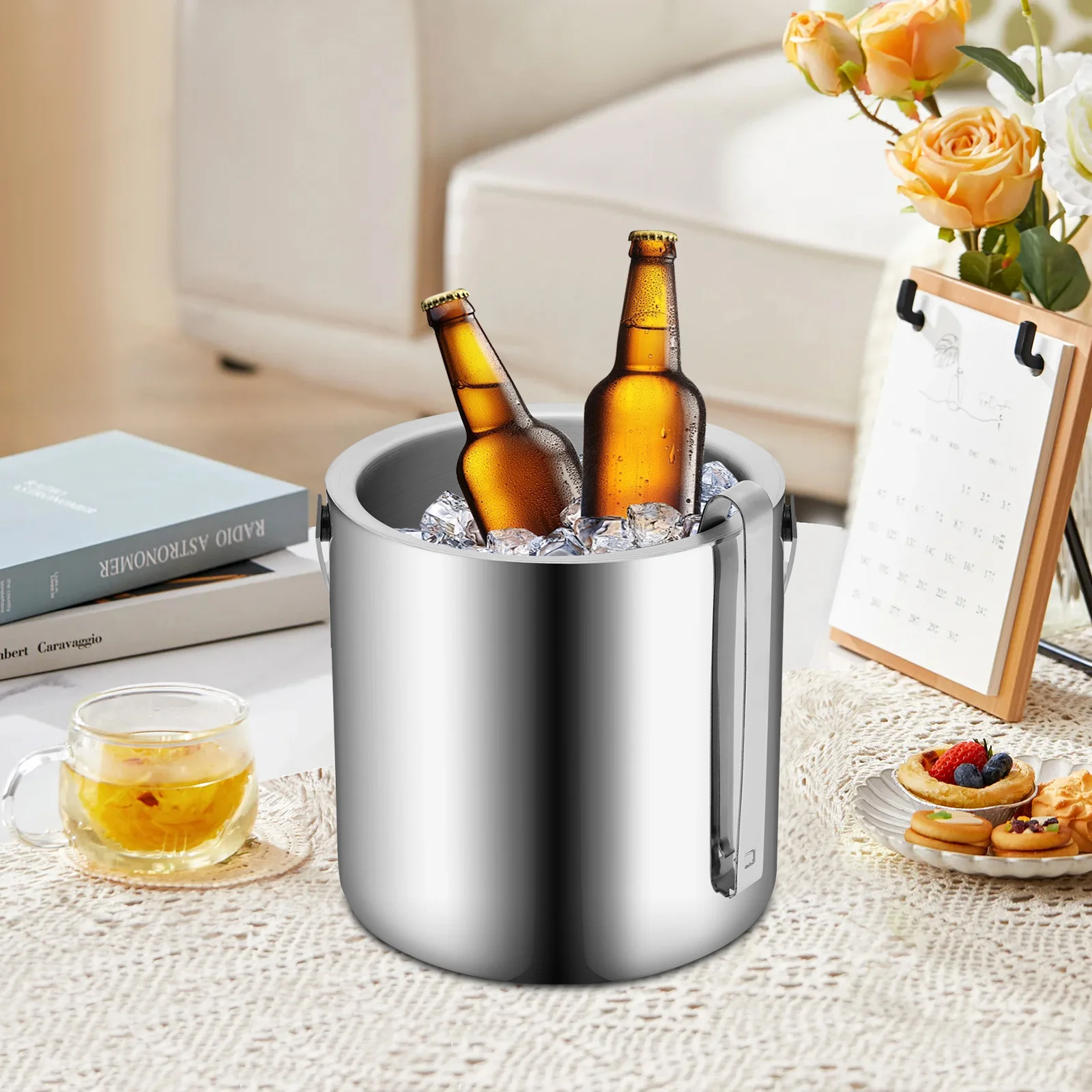 

1.3L Ice Bucket Kit 304 Stainless Steel Insulated Beer Drink Keg Double-layer Beer Champagne Cooler KTV Barware Filter Clip