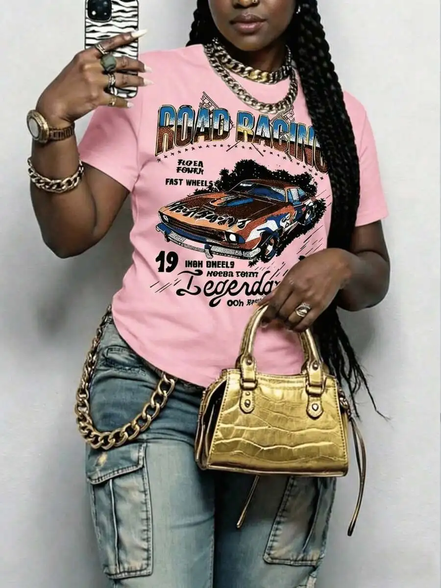 

Womens Pink Road Racing Car Print Short Sleeve Round Neck Casual T-Shirt