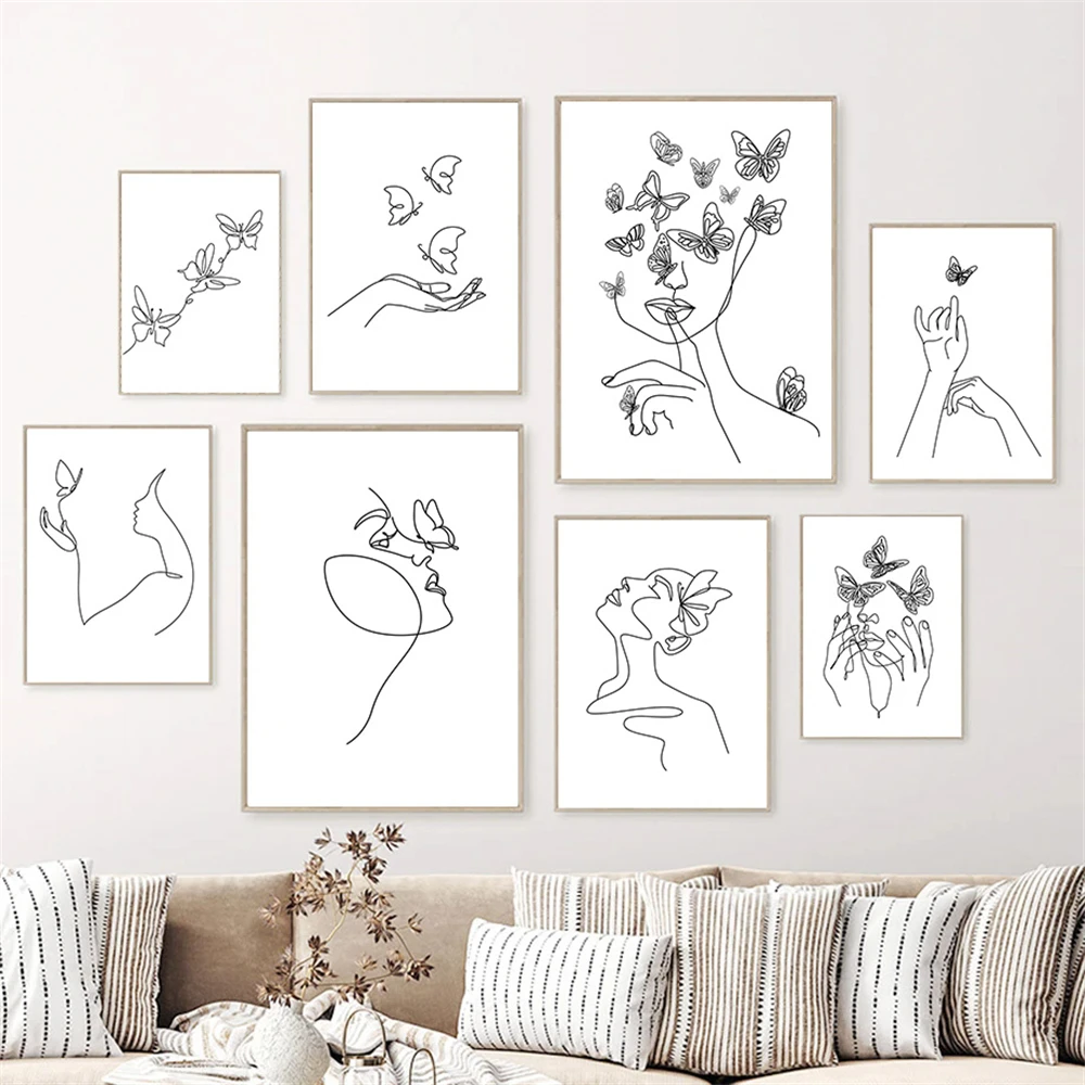 

Abstract Woman Hand Butterfly Posters Wall Art Canvas Painting Line Drawing Print Pictures Modern Poster Living Room Home Decor