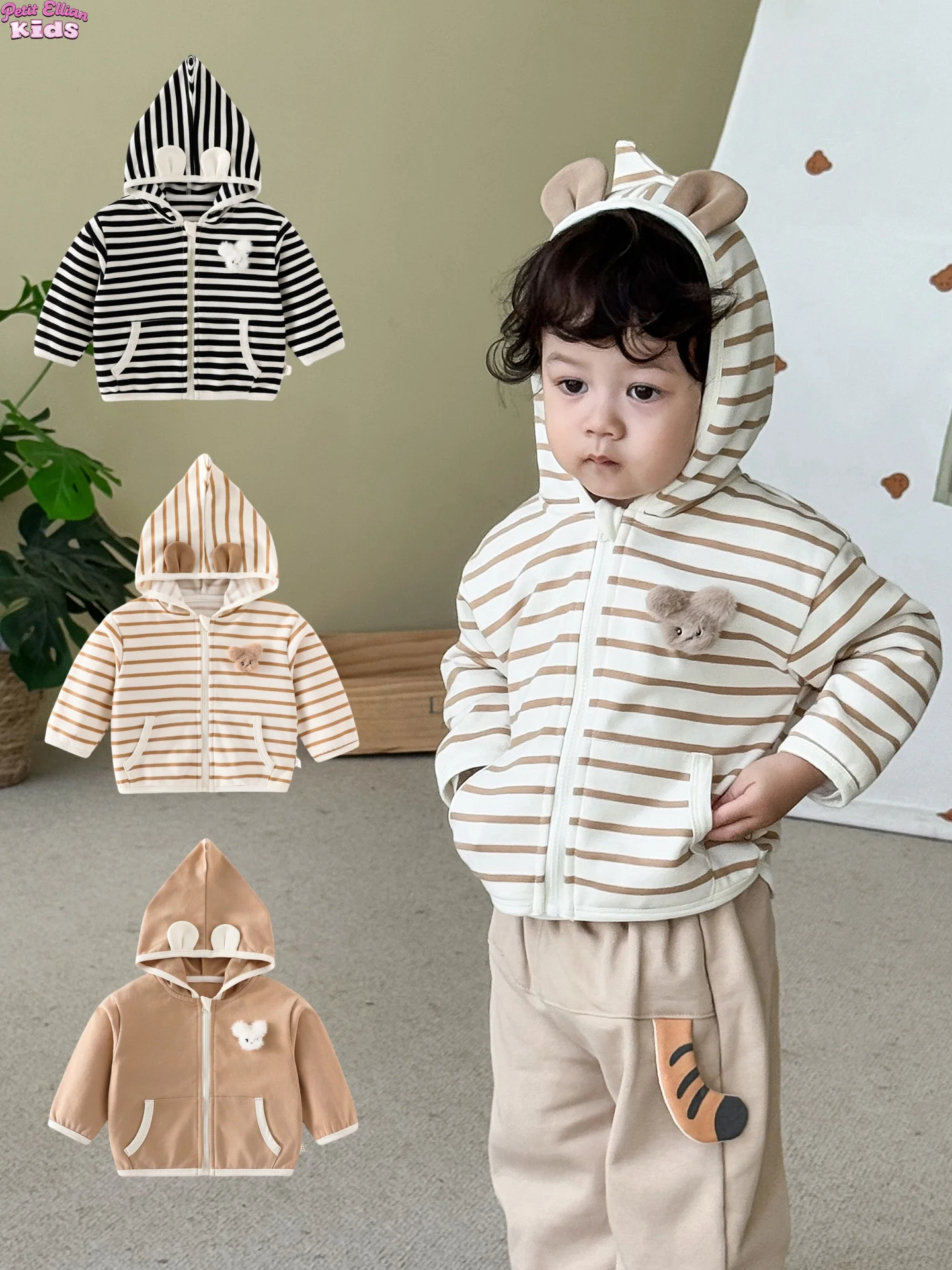 

Children's Clothing 0-5Y Baby Girls Boys Cotton Striped Cartoon Hoodie 3D Bear Patch Ear Shaped Hood Soft Zipper Jacket for Kids
