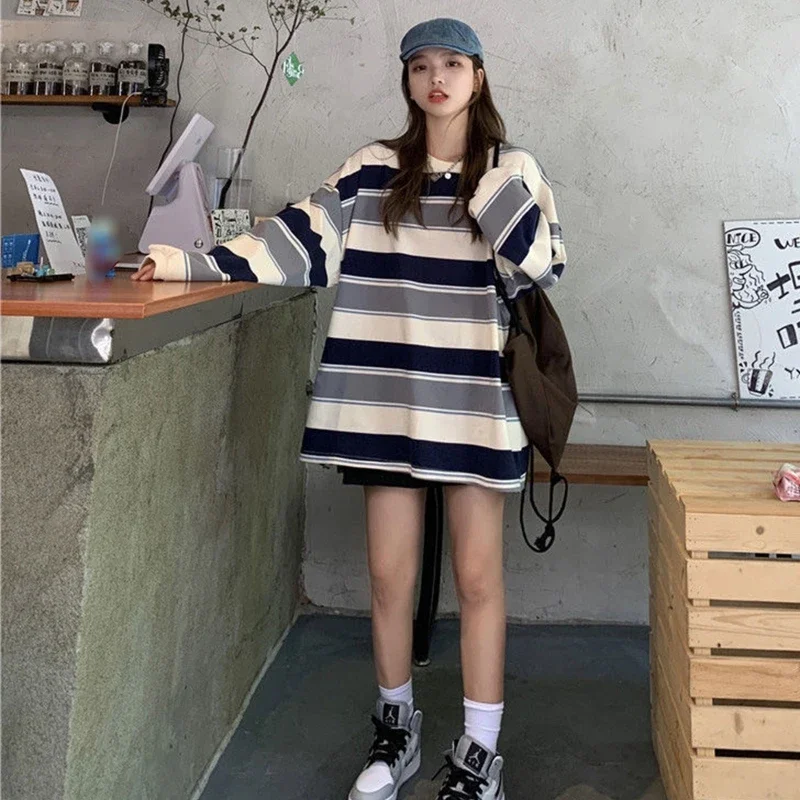 T-shirt for Women Streetwear Striped Long Sleeve T-shirts 2023 New Korean Couple T Shirt Woman Anime Vintage Graphic Tee Y2k Top