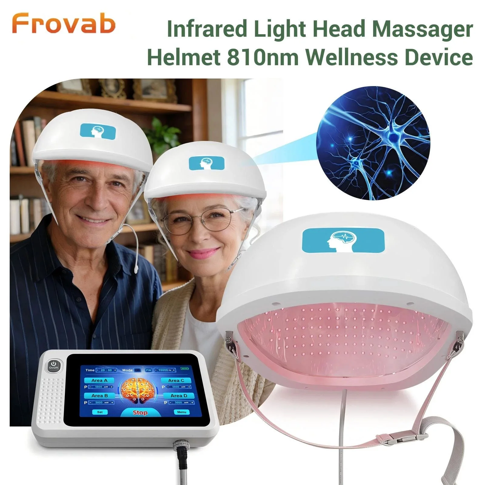 

Шлем для стимуляции мозга Frovab 810 нм PBM для лечения болезни Паркинсона, болезни Альцгеймера, ухода за пожилыми родителями, восстановления после инсульта