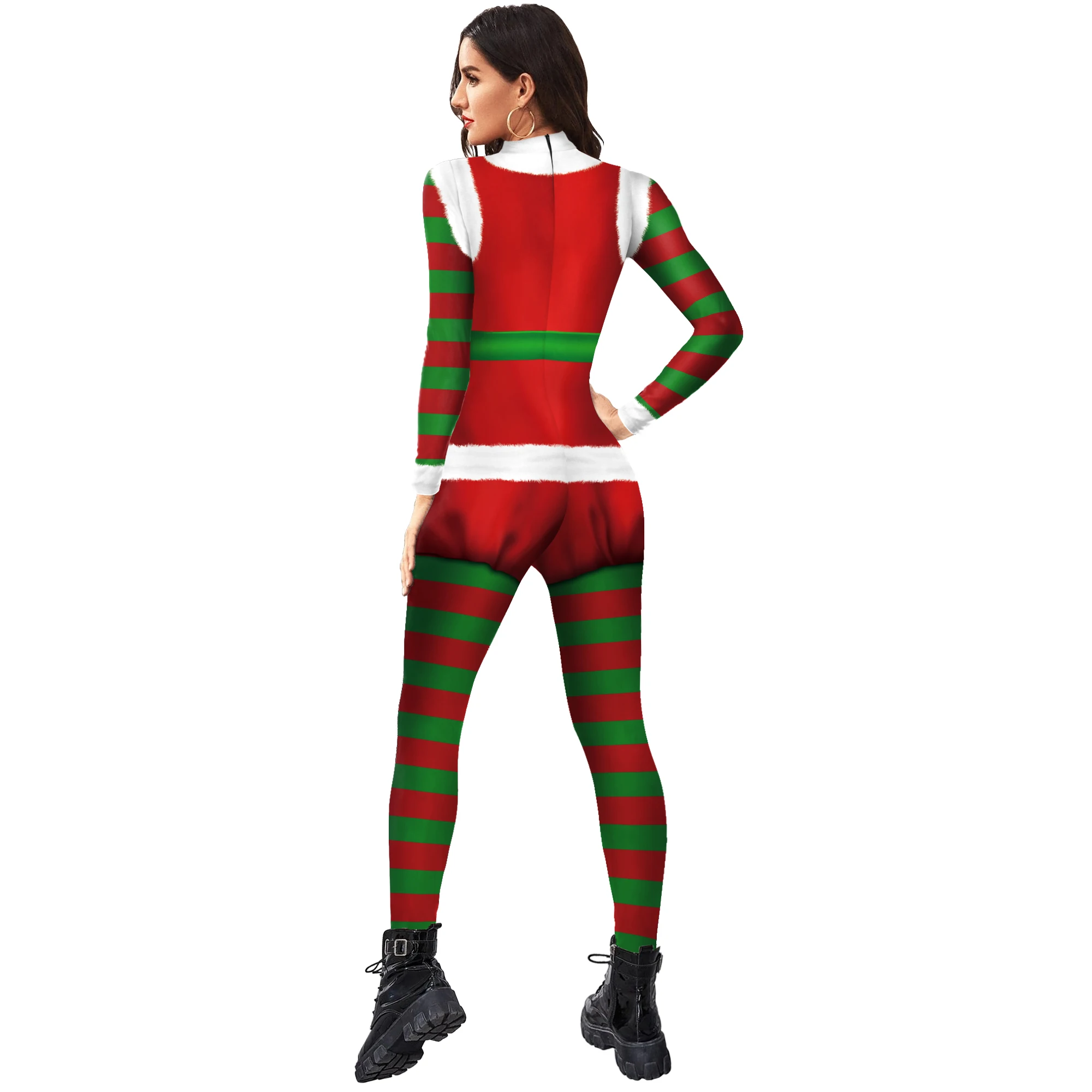 Xmas Red Jumpsuit Women Santa Claus Cosplay Costume 3D Printing Party Bodysuit Spandex Elastic Zentai Suit Adult Catsuit