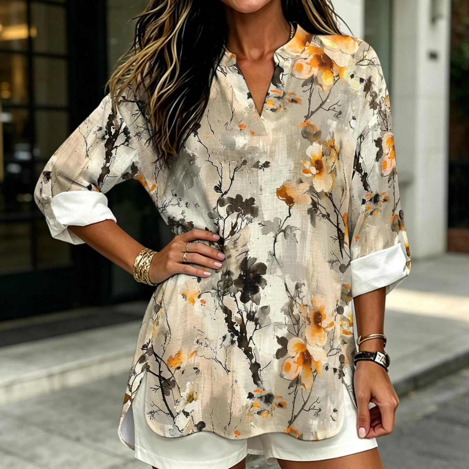 PENSTROLL Watercolor Floral Side Slit Casual Blouses for Women Linen Like V Neck Tunic Blouses V Neck Shirts