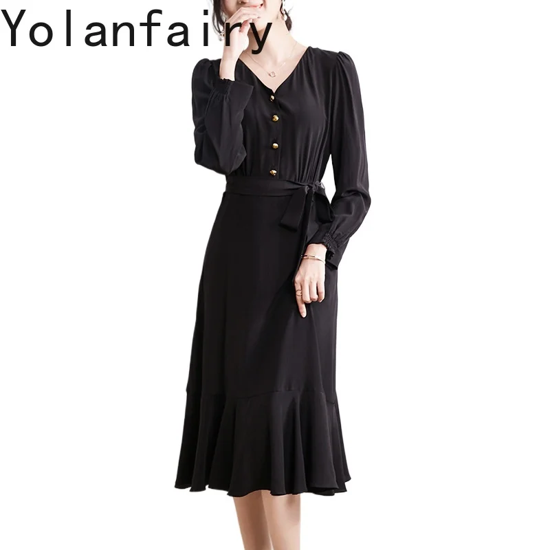 YOLANFAIRY 16MM 100% Real Mulberry Silk Woman Dresses 2025 Autumn Elegant V-neck Formal Dress Long Sleeve Lotus Leaf Dress 원피스
