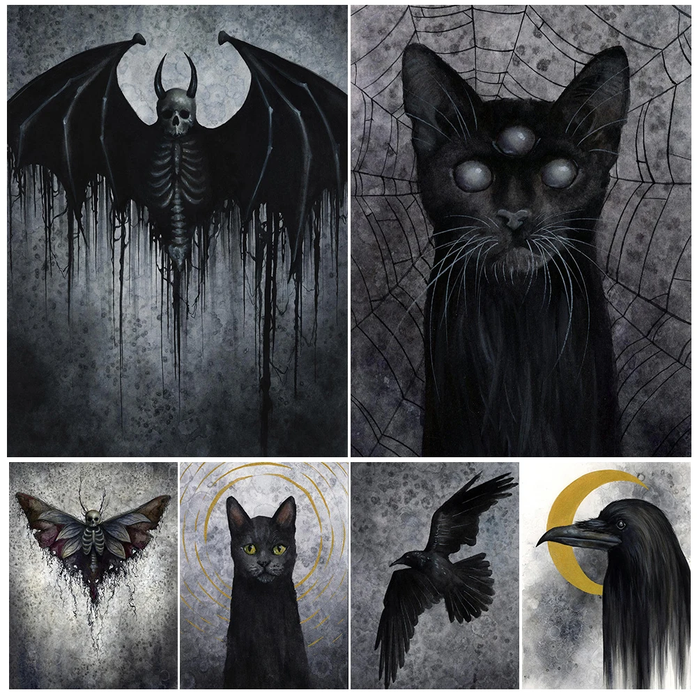 Skeleton Reaper & Black Cat Wizard Wall Art Witchcraft Animal Canvas Painting Raven Bat & Plague Doctor Art Poster Print Decor