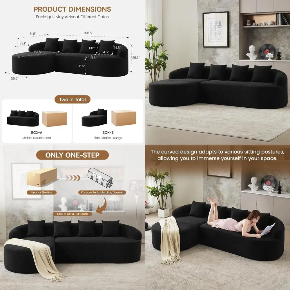 4 Seater Curved Chaise Lounge Sofa, Deep Cloud Seat, Oversized Living Room Sectional, Black Chenille Fabric, No Assembly Require