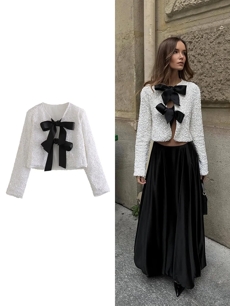 

женская мода Sequin дизайн высокая улица куртка темперамент короткий лук галстук с длинным рукавом куртка новый элегантный женские топы