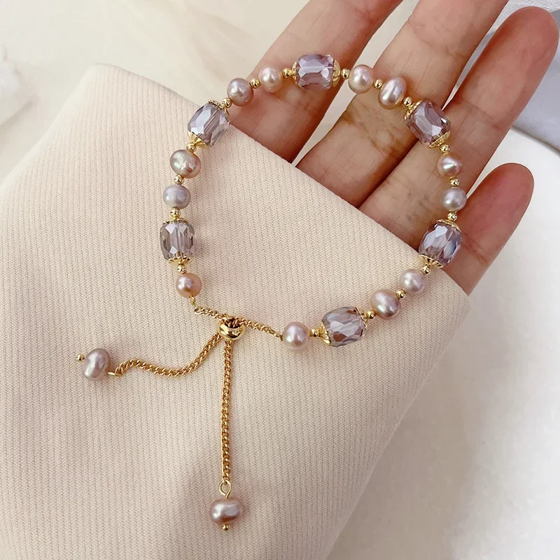 Vintage purple imitation pearl women's bracelet fashion shiny cubic zirconia adjustable bracelet holiday jewelry accessories