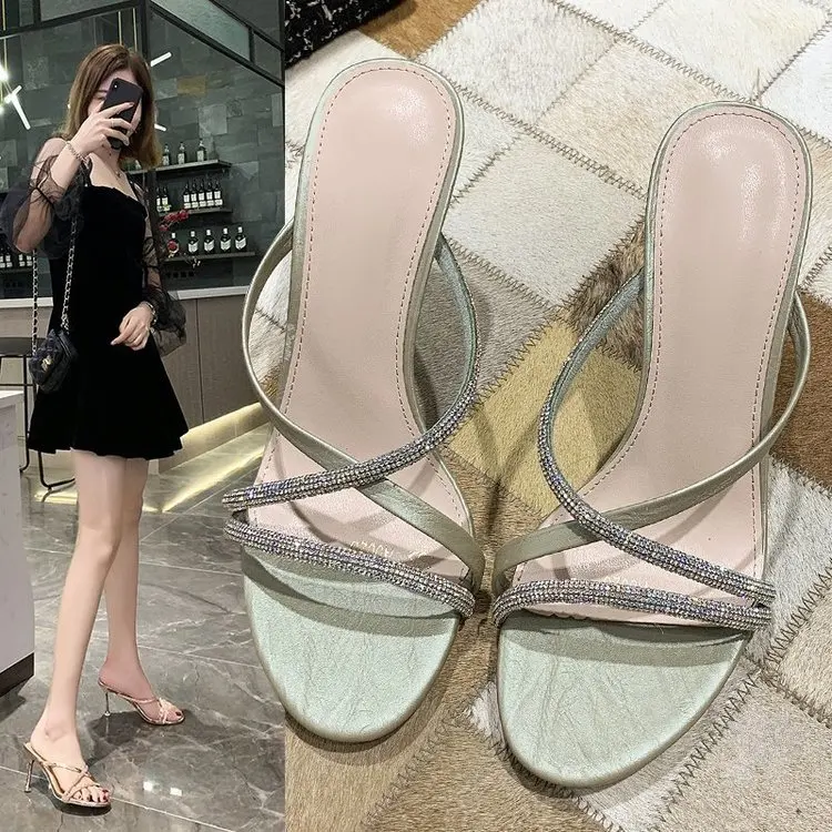 HKDQ Women's Mules Sandals Open Toe Flared High Heel Cross Strap Rhinestone Accent Slip-On Dressy Evening Party Shoes
