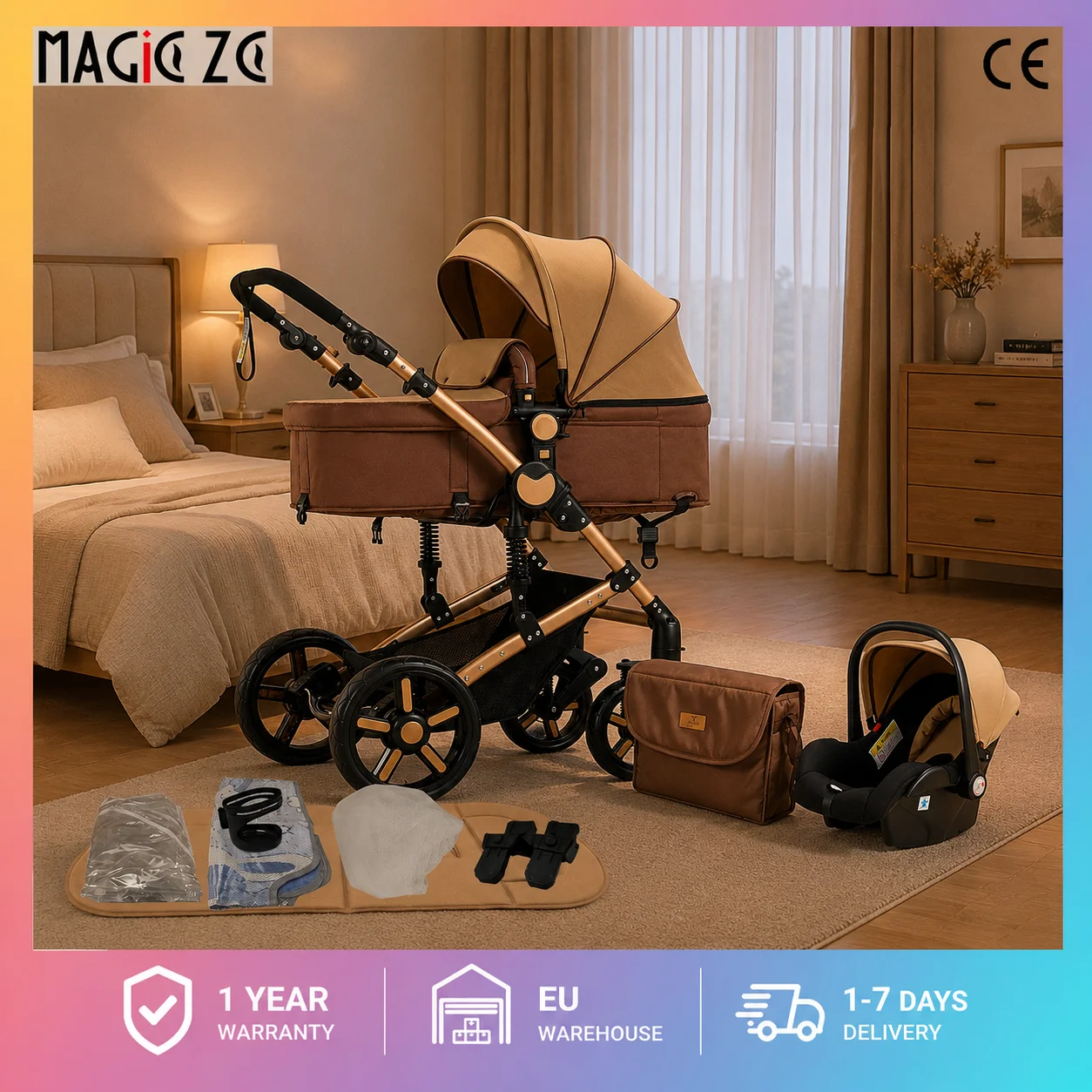 Großer Kinderwagen 3-in-1 Luxus-Reisesystem für Neugeborene mit Autositz, umkehrbarem Babykorb, Winter-Windschutz-Fußabdeckung, Sommer-Atmungsaktives Netz, faltbarer Kleinkindwagen,