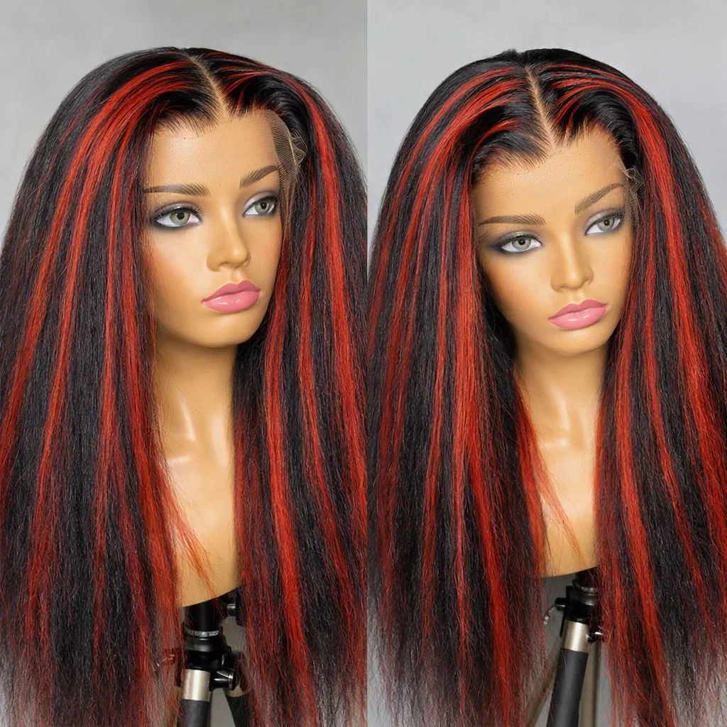 

Highlight 13X4 Lace Front Wig 1B/99J Burgundy Kinky Straight Pre Cut Lace 5x5 Glueless Colored Human Hair Wigs For Women