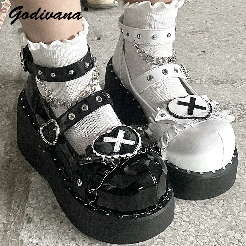 Gothic Sweet Cool Lolita Girl's Shoes Subculture Y2K Punk Platform Shoes Cute Love Rivet Thick Bottom Pump Shoes Heels