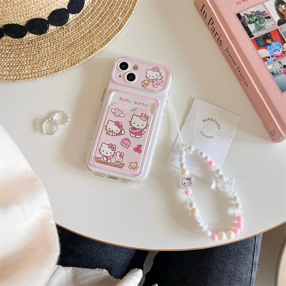 luxury Kitty Cat hand chain Card wallet Case protection for iPhone 16 15 13 12 11 14 Pro Max lovely Coque