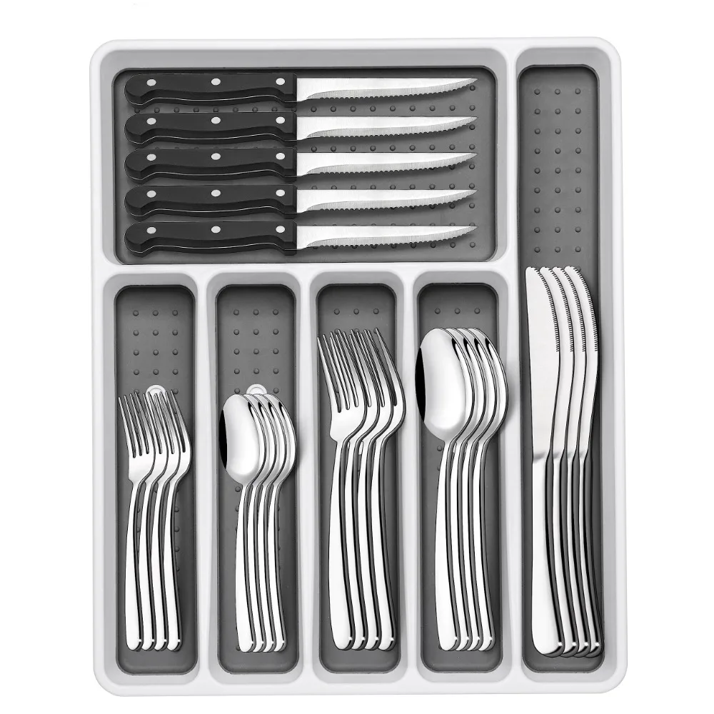 49-Piece Silverware Set with Organizer, Heavy Duty Stainless Steel Flatware Set for 8, Cutlery Utensil Sets, Dishwasher Safe