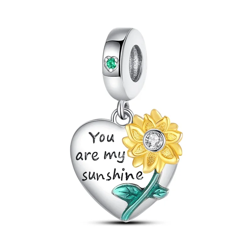 

925 Sterling Silver Sunflower Heart-shaped Charms Pendant Fit 3mm Original Bracelet DIY Women Birthday Party Jewelry Gifts