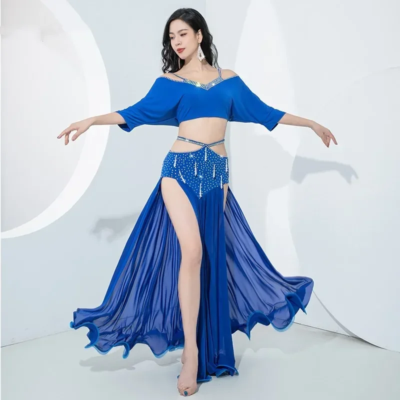 Rhinestone Belly Dance Costume Women 2 Piece Sexy Fishtail Skirt Sexy Side Split Adults V Neck Top Long Sleeve Sparkle Oriental