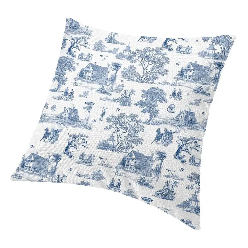 Navy Blue French Toile De Jouy Motif Pattern Modern Pillow Cover Living Room Decor Classic Traditional France Art Car Cushion