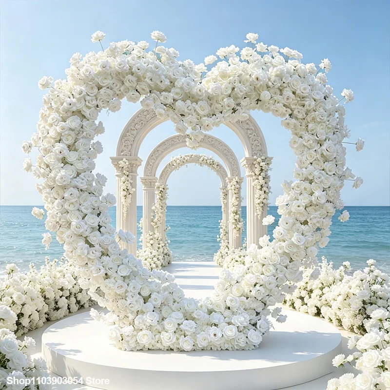 Romantisches weißes Rosenherz, künstliche Blume, Hochzeitshintergrund, Blumendekoration, Outdoor-Party, Jubiläum, Valentinstag, Hintergrunddekoration – Detail 1