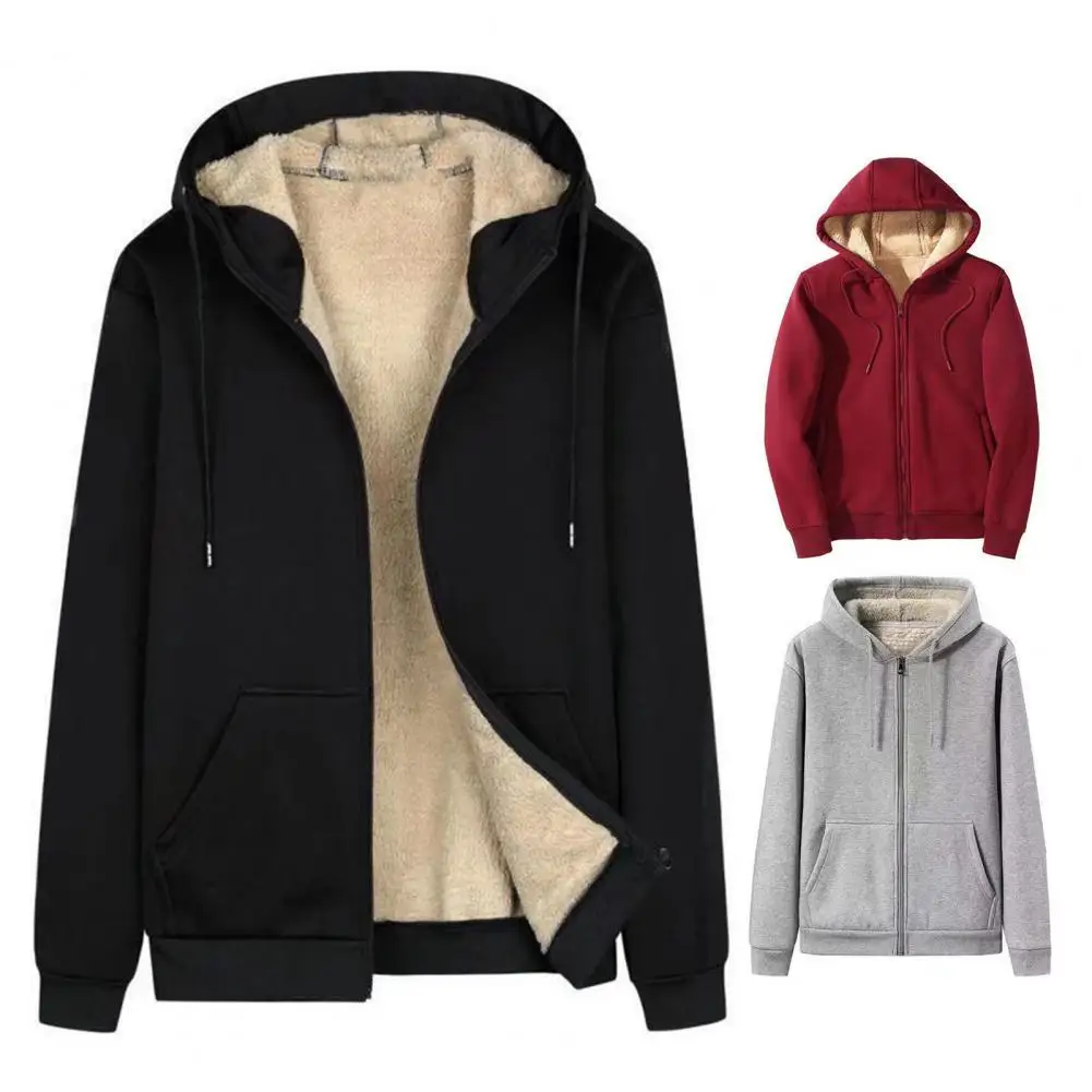 

Men Hoodie Coat Solid Color Long Sleeve Hooded Thicken Plush Drawstring Winter Jacket Zipper Fly Women Hoodie Coat for Daily