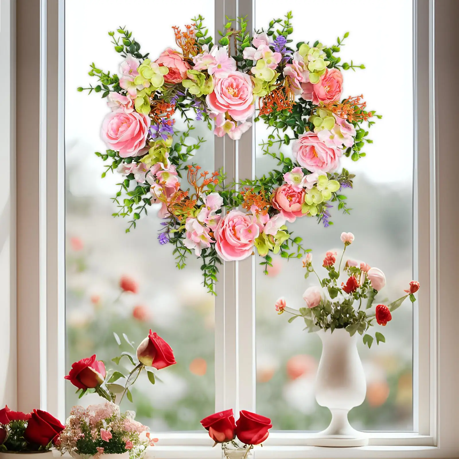 

2024 Valentine Decoration Flower Rose Wreath Sturdy Realistic Versatile Lightweight Floral Wreath for Window Front Porch