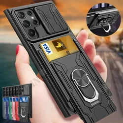 Case For Samsung S24 S23 S22 Ultra Plus S21 FE A55 A25 A15 A54 A14 Slide Stand Ring Camera Military Grade Card Slot Cover