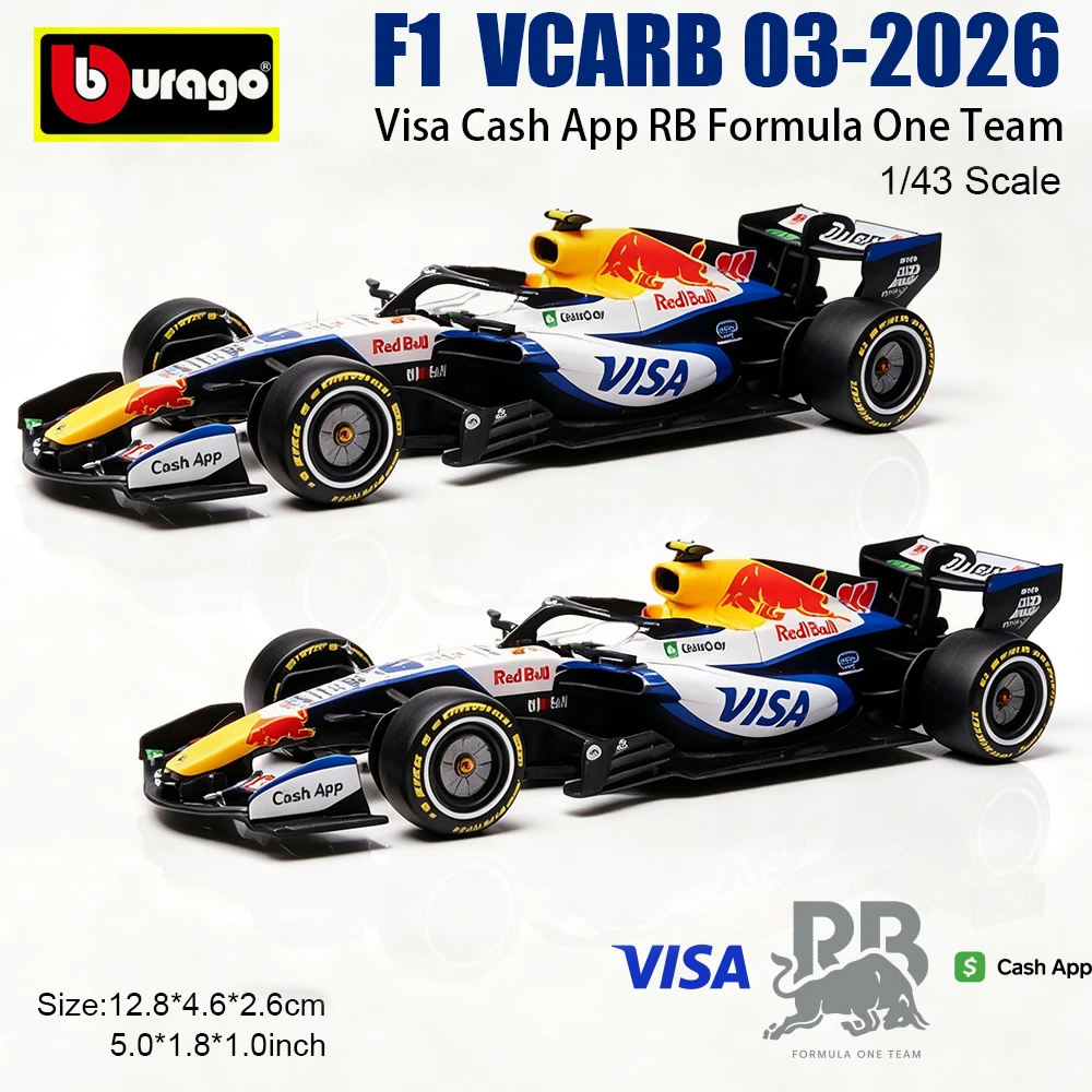 Bburago 1:43 2026 F1 RACING BULLS VCARB-03 SF26 W17 R26, model samochodu wykonany z odlewu metalowego, w zestawie opakowanie kartonowe, z kaskiem i osłoną przeciwpyłową.