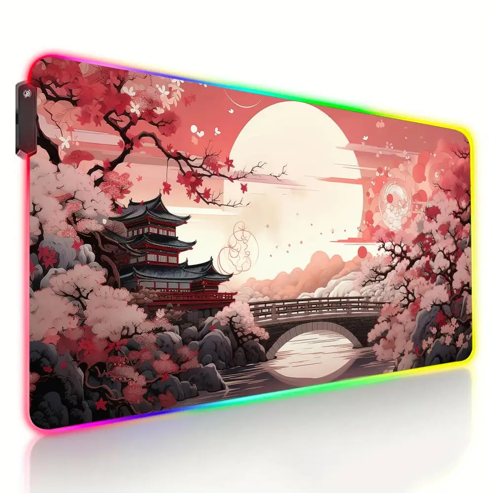 

Розовые вишни и пейзажный дизайн полной луны RGB Коврик для мыши Настольный коврик Аксессуары для ПК Игровой коврик Светодиодное свечение Игровой коврик для мыши
