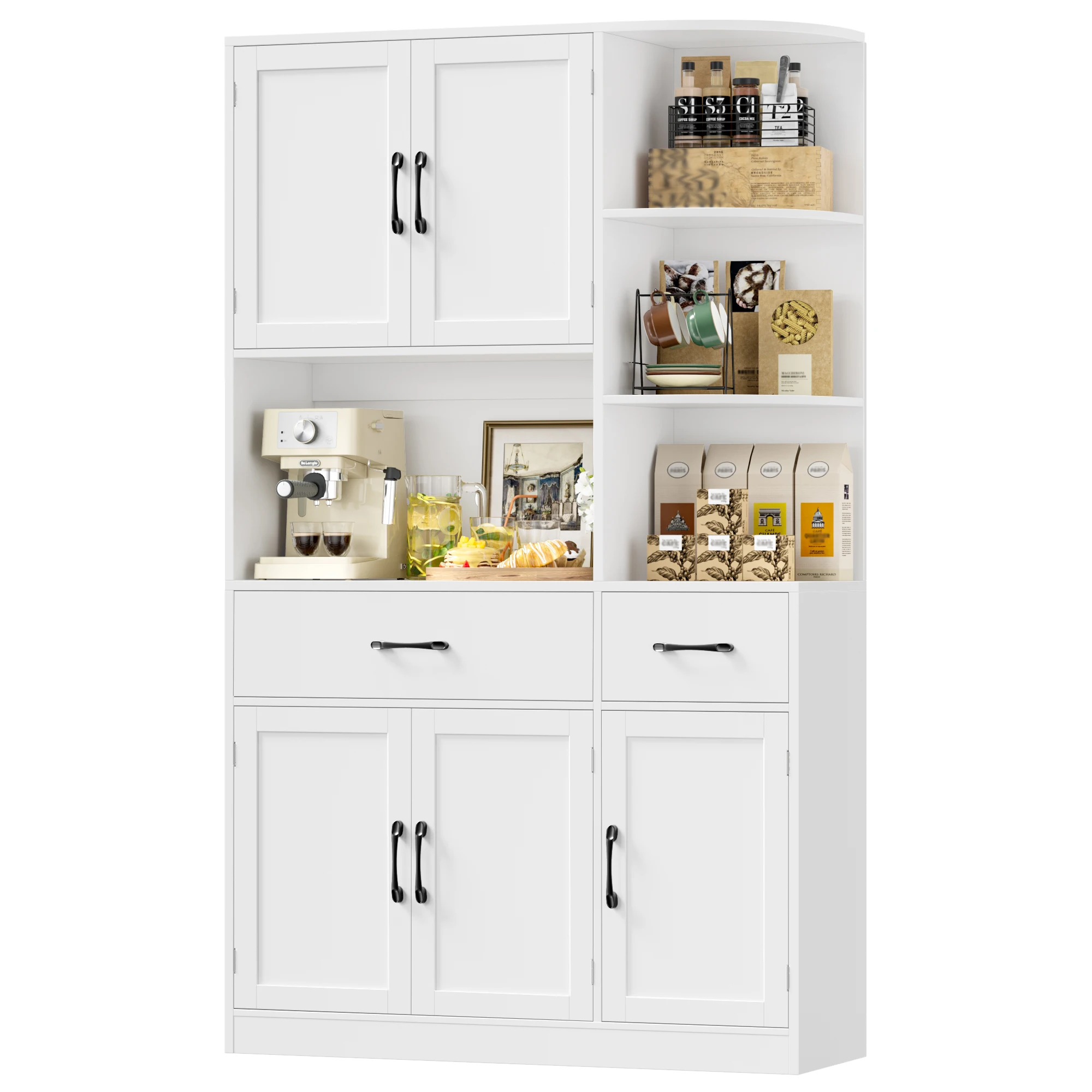 Armoire de cuisine Buffet, buffet blanc, 5 portes, étagère d'angle, panneaux de travail Ecki, 2 tiroirs, armoire de rangement