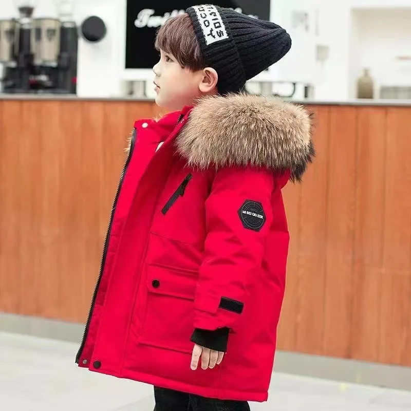 Autumn and Winter New Boys Fashion and Handsome Splicing Hooded Wool Collar with Plush and Thick Warm Cotton Coat