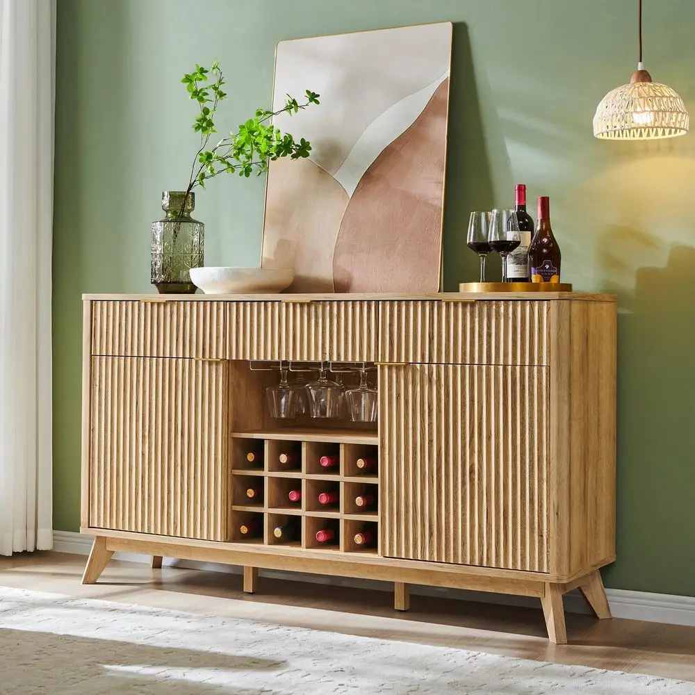 

Fluted Wine Bar Cabinet, 60 Wide Modern Buffet Sideboard with Ample Storage 2 Side Cabinets, 3 Drawers, 4 Glass Holders amp 12