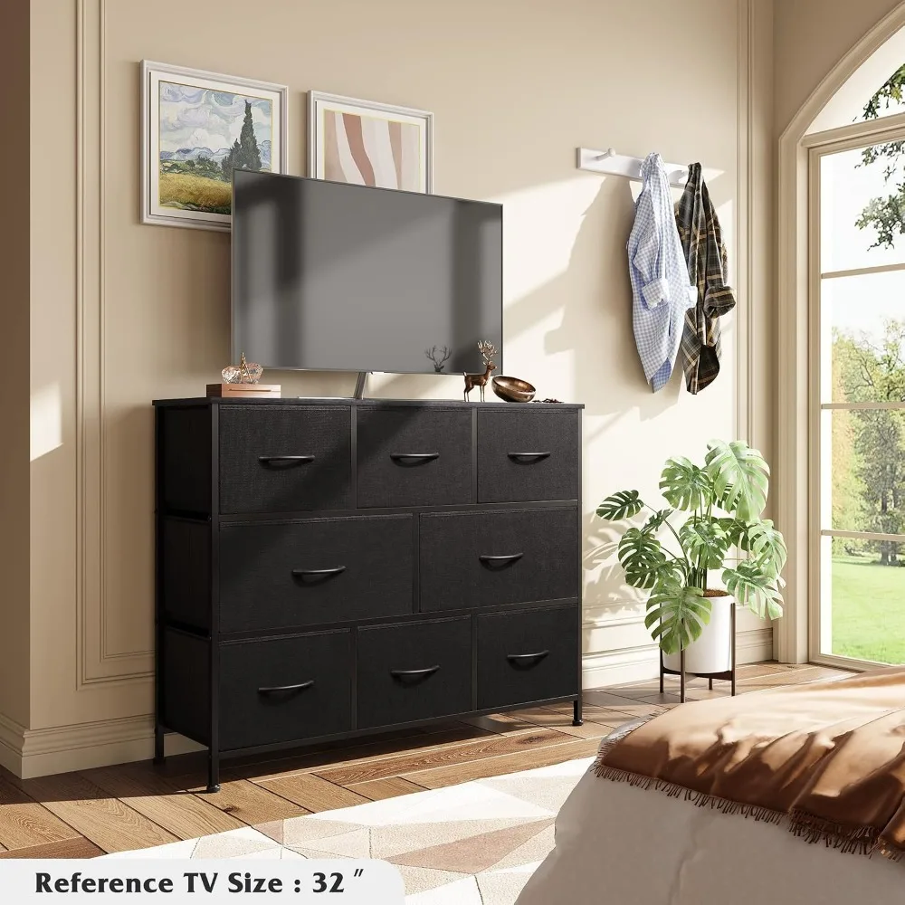 Wide Dresser with 8 Drawers for Bedroom, Charcoal Black, Large Storage, Suitable for Living Room, Sturdy Frame, Smooth Wood Top