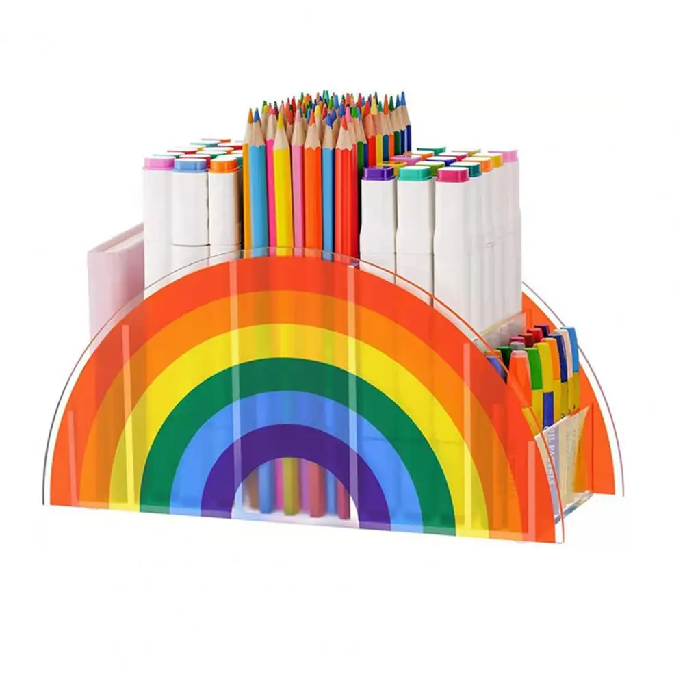 Akrylowy stojak do przechowywania pędzli do makijażu Biurko do przechowywania akcesoriów Kolorowe tęczowe pudełko do przechowywania biurowego z 5 dla studentów
