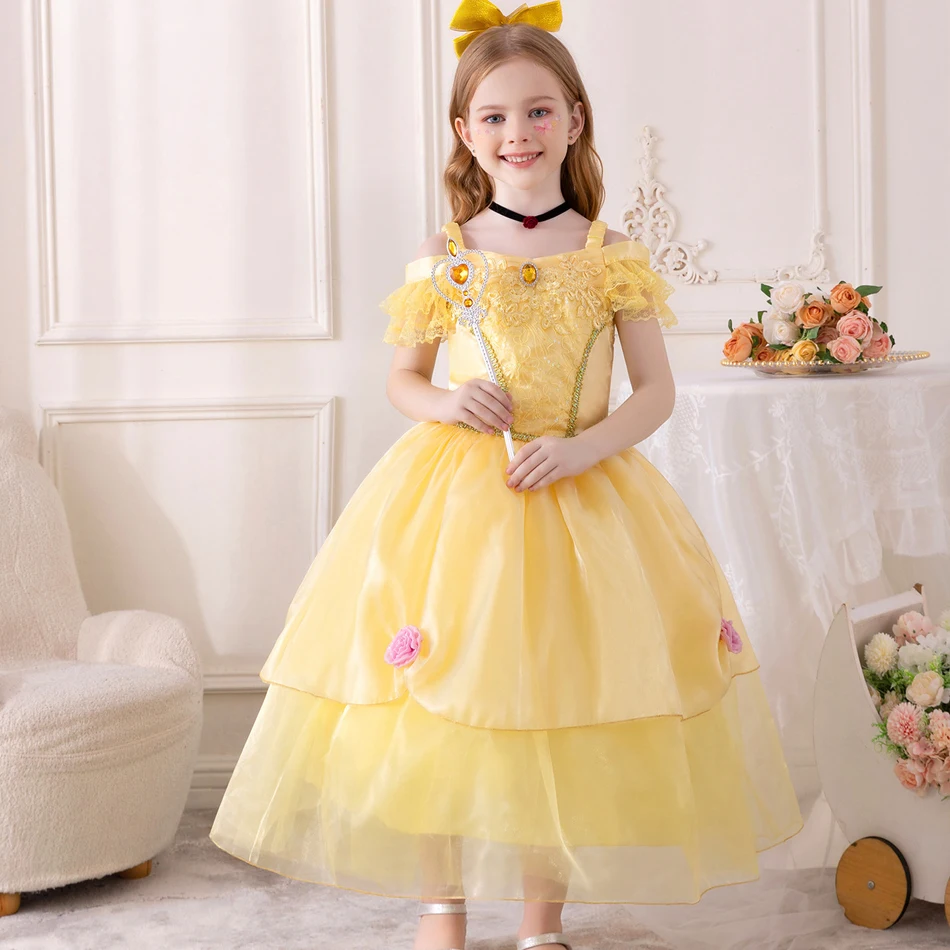 Dziewczyny Belle Cosplay Princess Dress Halloween Fantasy Beauty Beast Birthday Party Off Shoulder New Role Player Clothing 2-10T