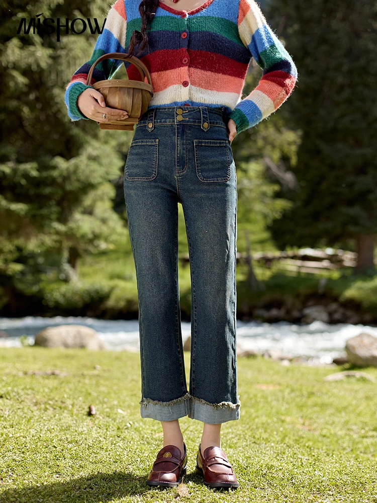 

Женские джинсовые синие джинсы, осень 2023, тонкие прямые брюки с высокой талией, контрастные цветные брюки с фланцевыми манжетами