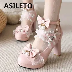 ASILETO Ladies Pumps Round Toe Ultrahigh Heels 9cm Platform 2cm Buckle Strap Bowknot Beads Sweet Lolita Shoes Plus Size 45 46