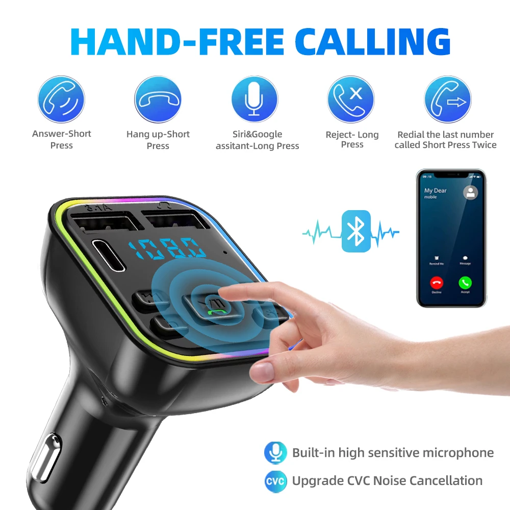 Car Bluetooth 5.0 FM Transmitter Fast USB Type C Car phone Charger Colorful Handsfree call Car Kit Mp3 Player Support TF Card