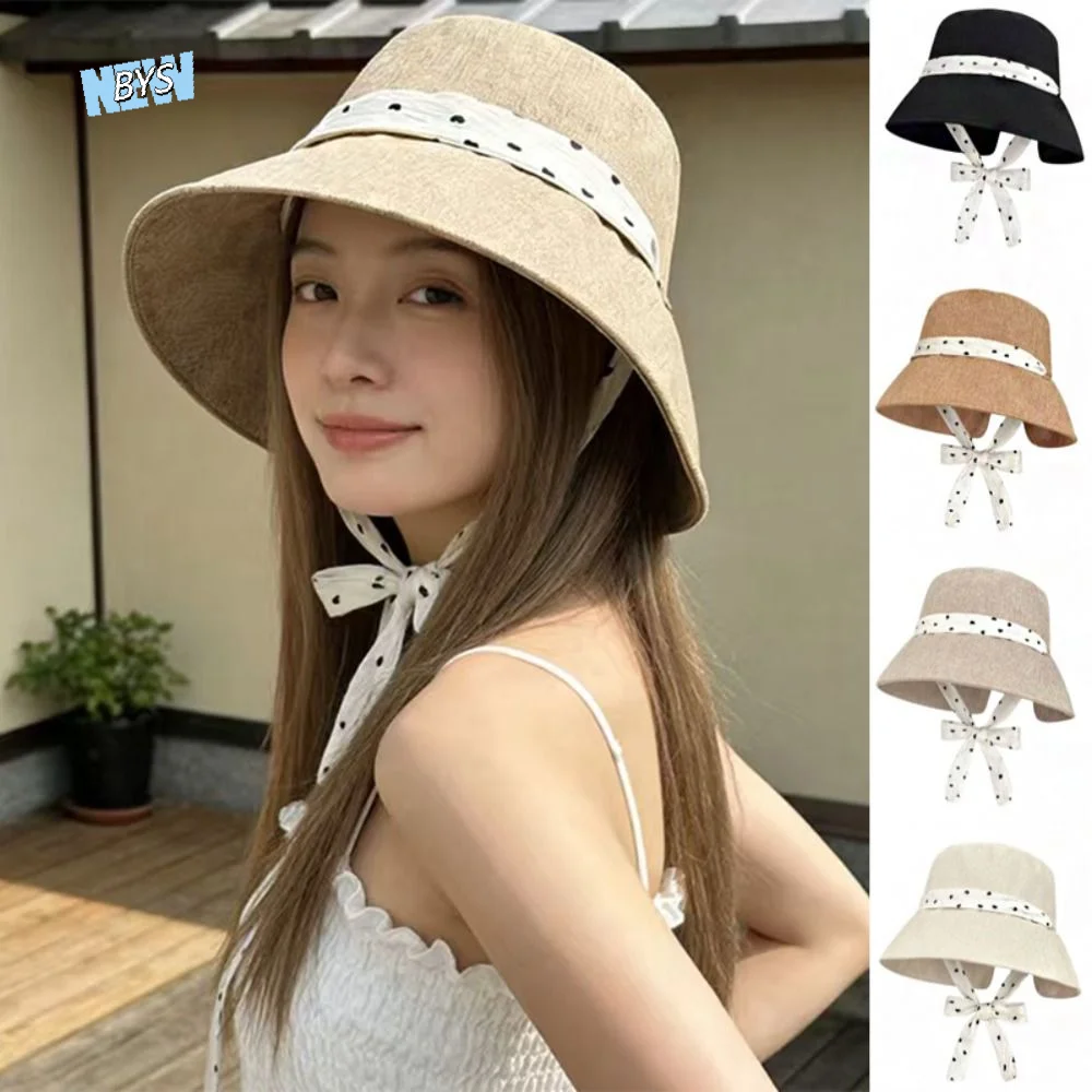 

Fashion Polka Dot Ribbon Women Fisherman Hat Solid Color Lace Summer Sun Hat Wide Brim Sun Protection Sunscreen Visor Cap Ladies