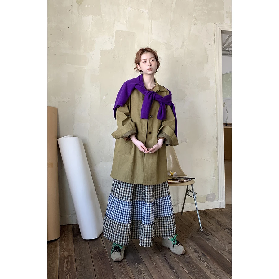 

HelloooEat mat Thin Windbreaker Women's Loose Fit Pure Color Turn-down Collar Retro Outerwear Comfortable Slimming Sle