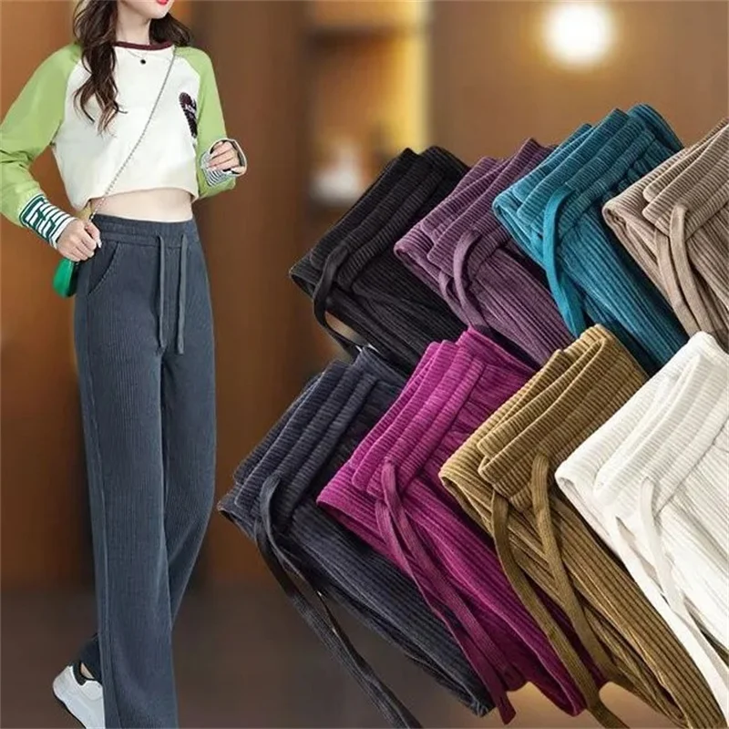Fluwelen gewatteerde casual broek toe Dame herfst winter nieuwe 2025, hoge taille corduroy broek dames grote maat rechte broek vrouwelijk