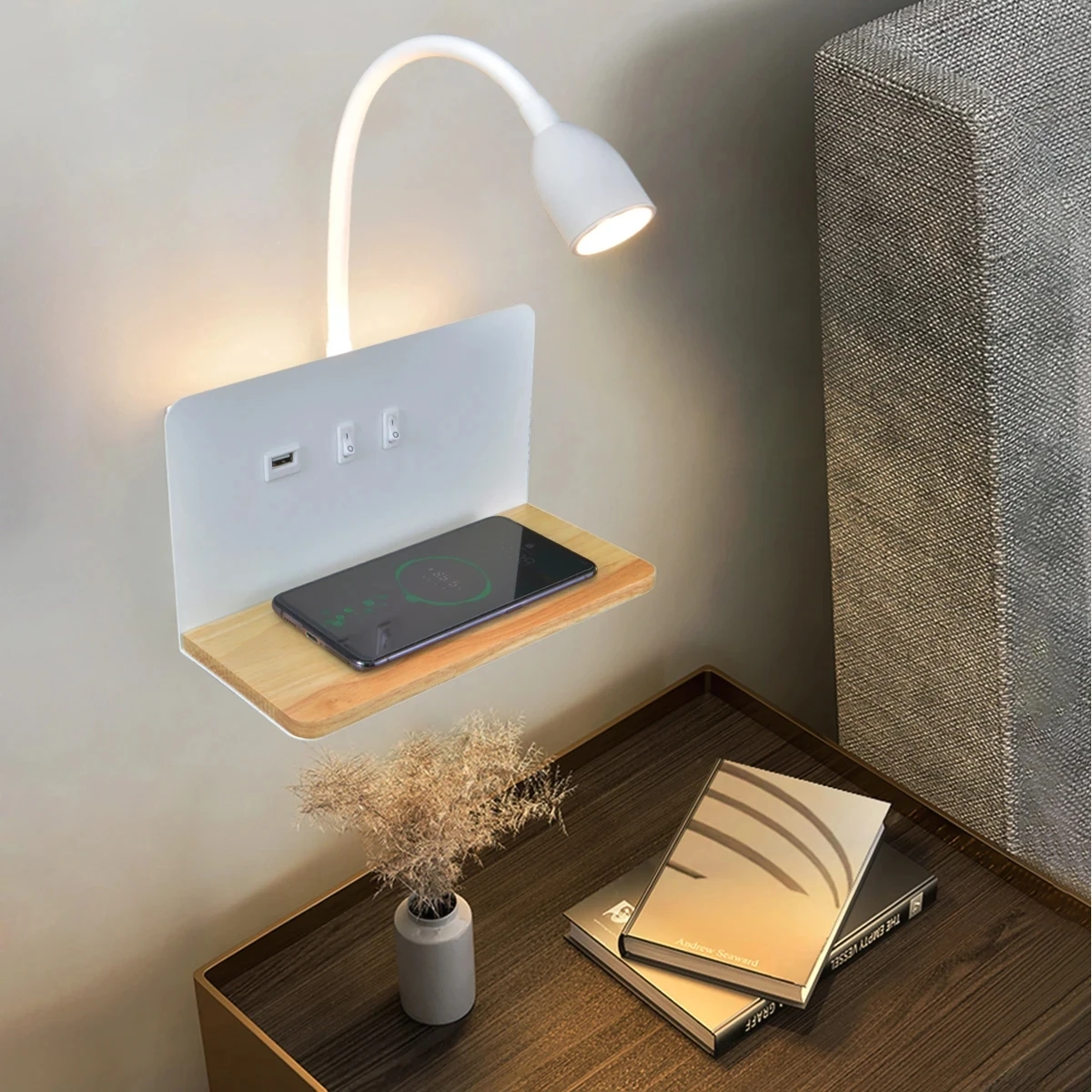 LED 나무 무선 충전 벽 램프, USB 소켓, 스위치가 있는 회전식 램프 헤드, 실내 침대 옆, 거실, 공부 조명