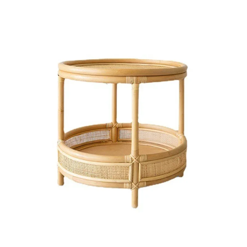 Ins Vintage Coffee Table Indonesian Rattan Weaving Room Desks Living Room Round Side Table Double-layers Structure Bedside Table