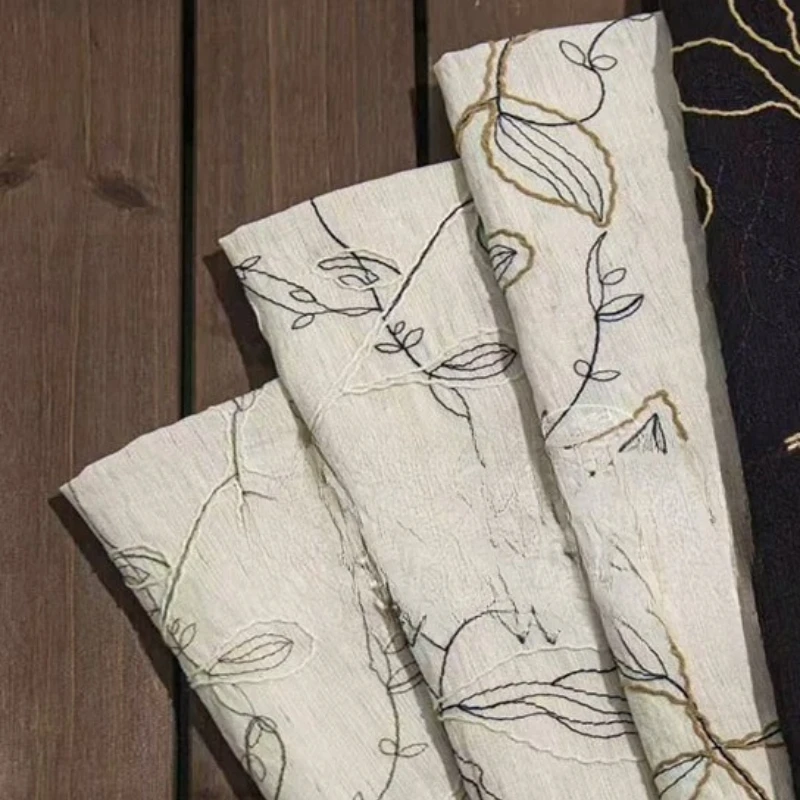1meter Two Tone Embroidered Cotton Fabric Spring Summer Cord Stitch Vine Leaf Pattern for Women Skirt Chinese Dress DIY Sewing