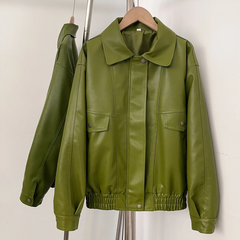 

Olive Green Leather Jacket New Coats and Jackets High Street Trend Silhouette Vintage Zipper Lapel Casual Outwear Short Overcoat