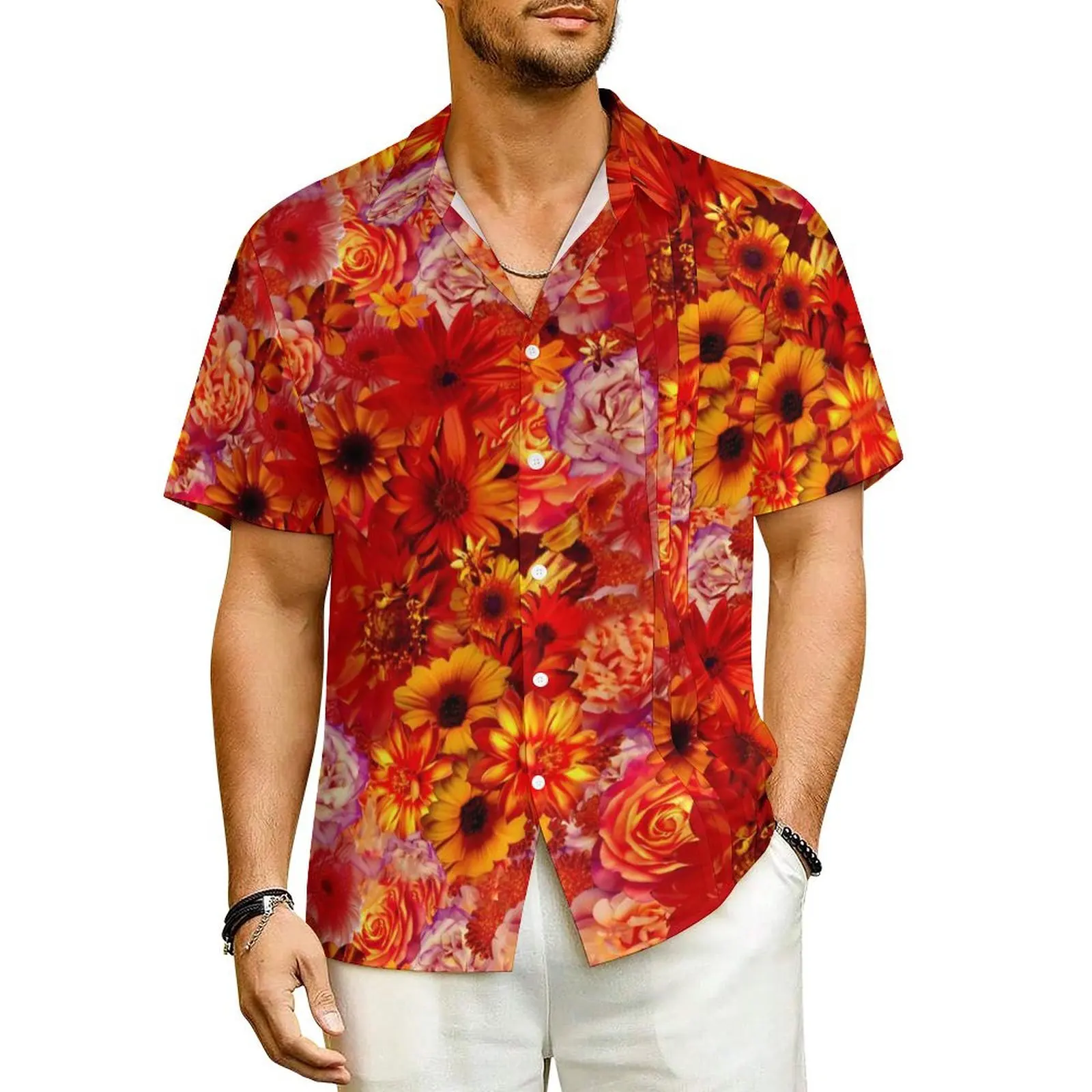 

Bright Floral Vacation Shirt Men Red Daisies Cool Casual Shirts Hawaiian Short Sleeve Street Style Custom Oversize Blouses Gift