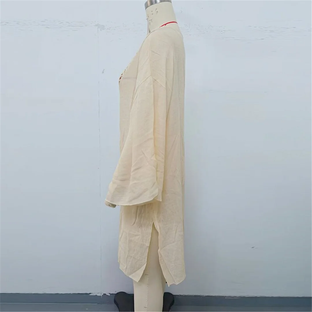 V-Ausschnitt, lange Ärmel, mit Ausschnitten versehen, gehäkelt, gestricktes Tunika-Oberteil, Strandkleid, Strandbekleidung, Damen-Strandkleid, Strandüberwurf, Damen V7580 – Detail 18