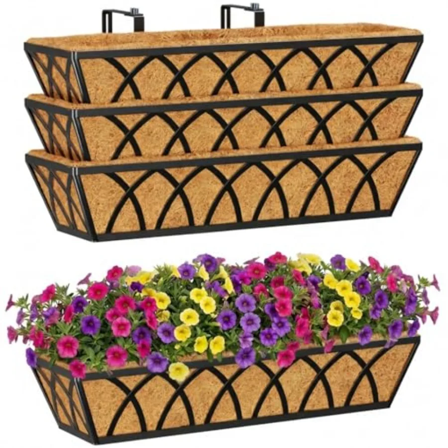 

4pcs 24 Inch Planter Metal Window Boxes with Coco Liner Indoor Outdoor Hanging Flower Planter for Garden Lawn Balcony Porch Fen