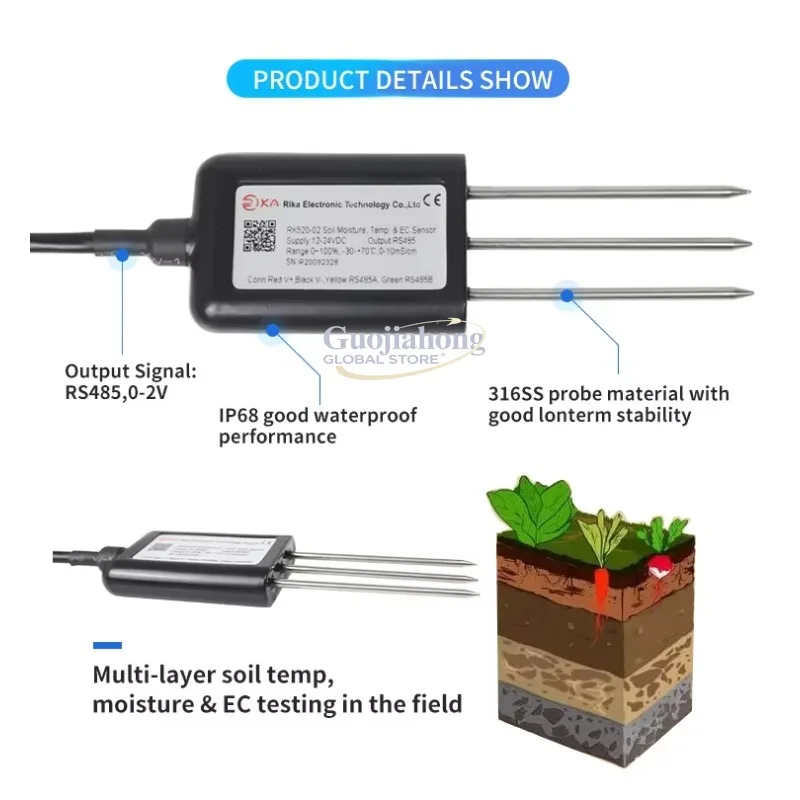 RIKA RK520-02 High Quality RS485 0-2V Output Plant Soil Moisture EC Measurement Probe Sensor with Low Price