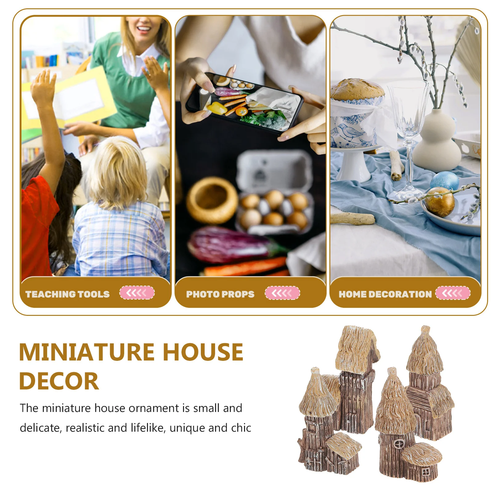 

4Pcs Mini Thatch Roof Houses Vintage Rustic Resin Miniature Desktop Garden Decorations Mini Village Hut Ornaments