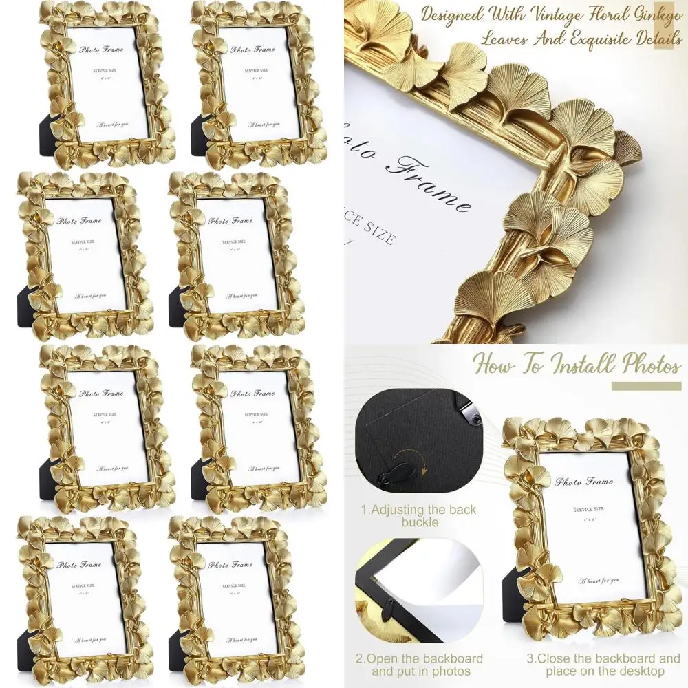 

Винтажные золотые фоторамки 4x6 дюймов с изображением листьев гинкго, декоративная рамка из смолы со стеклянной вставкой для настенного или настольного размещения